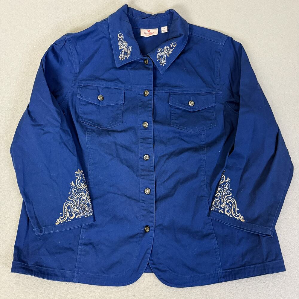 Quacker Factory Jeanne Bice Blue Embellished Button Shirt Jacket XL